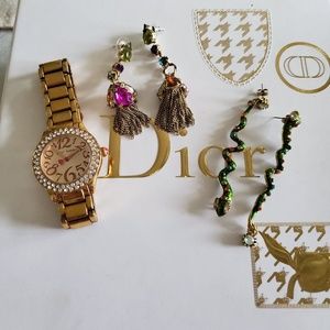 Betsey Johnson watch and 2 pairs of earrings